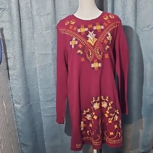 Entro by Anthropologie Maroon Long Sleeve Crew Neck Tunic Dress - EUC - Size L